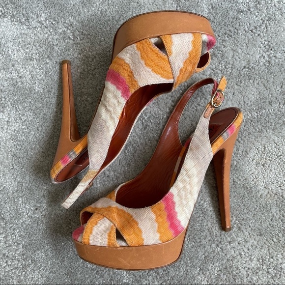 Missoni Multicolor Ikat Printed Fabric Leather Slingback Peep Toe Platform Heels - Picture 2 of 10